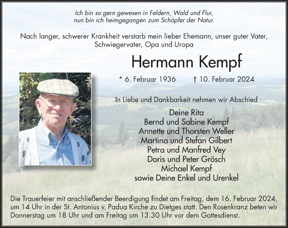  Traueranzeige für Hermann Kempf vom 14.02.2024 aus FZ