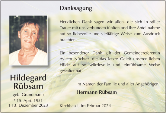 Traueranzeige von Hildegard Rübsam von FZ
