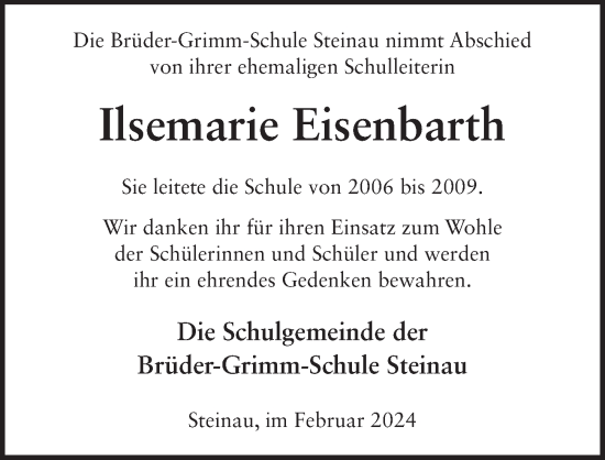 Traueranzeige von Ilsemarie Eisenbarth von FZ