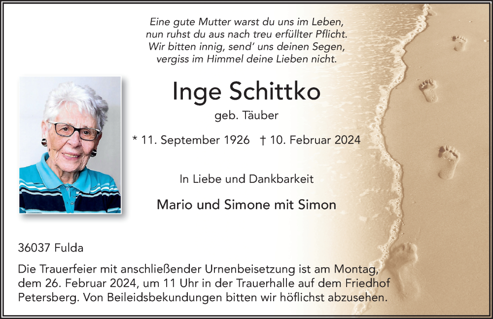  Traueranzeige für Inge Schittko vom 24.02.2024 aus FZ
