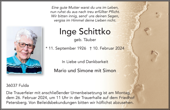 Traueranzeige von Inge Schittko von FZ
