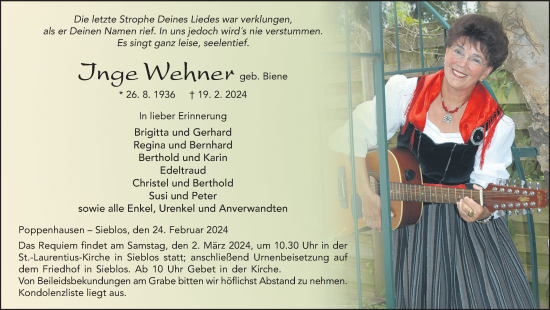 Traueranzeige von Inge Wehner von FZ