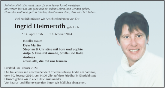 Traueranzeige von Ingrid Heimeroth von FZ