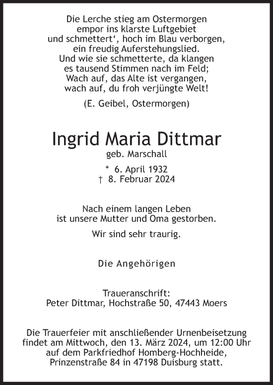 Traueranzeige von Ingrid Maria Dittmar von FZ