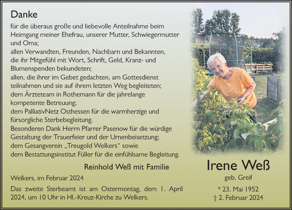  Traueranzeige für Irene Weß vom 28.02.2024 aus FZ