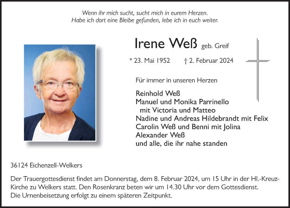  Traueranzeige für Irene Weß vom 06.02.2024 aus FZ