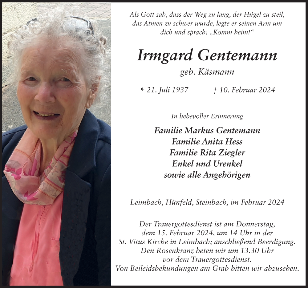  Traueranzeige für Irmgard Gentemann vom 13.02.2024 aus FZ