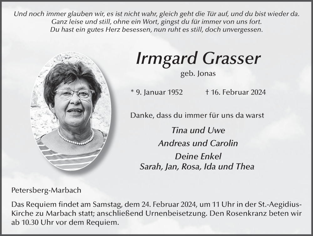  Traueranzeige für Irmgard Grasser vom 21.02.2024 aus FZ