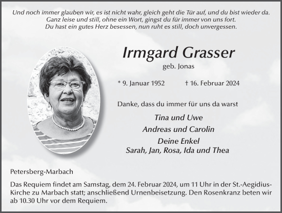 Traueranzeige von Irmgard Grasser von FZ