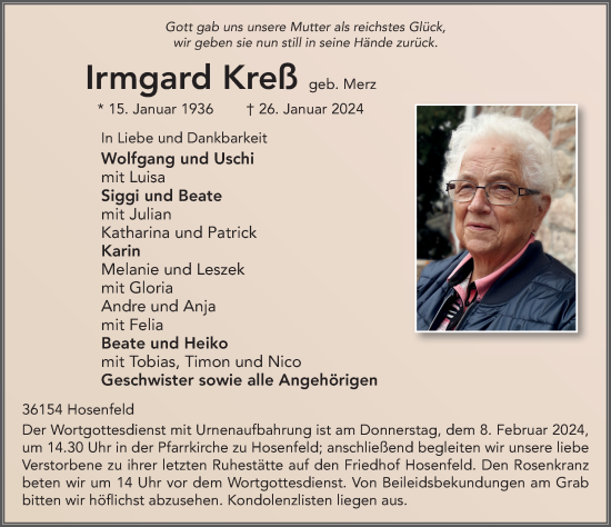 Traueranzeige von Irmgard Kreß von FZ