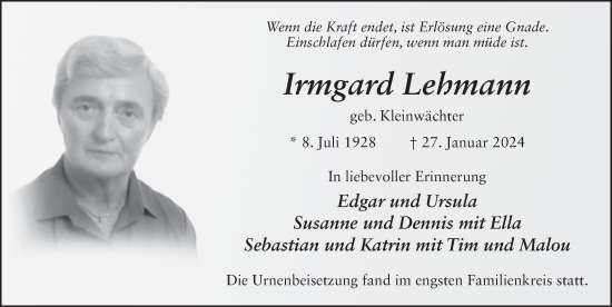 Traueranzeige von Irmgard Lehmann von FZ