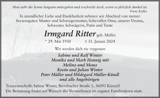 Traueranzeige von Irmgard Ritter von FZ