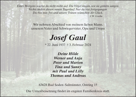 Traueranzeige von Josef Gaul von FZ
