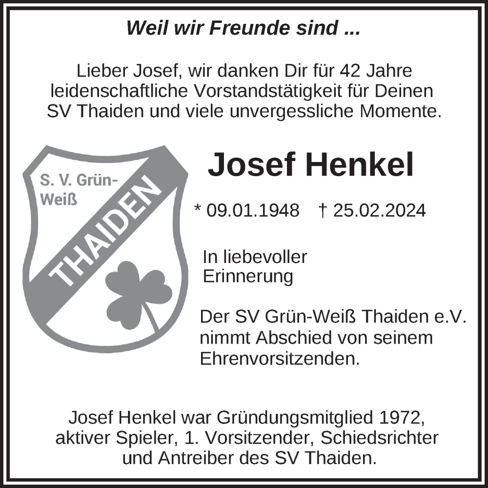  Traueranzeige für Josef Henkel vom 28.02.2024 aus FZ