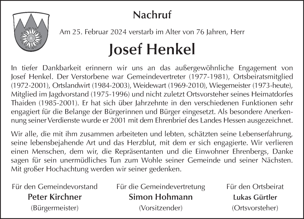  Traueranzeige für Josef Henkel vom 28.02.2024 aus FZ