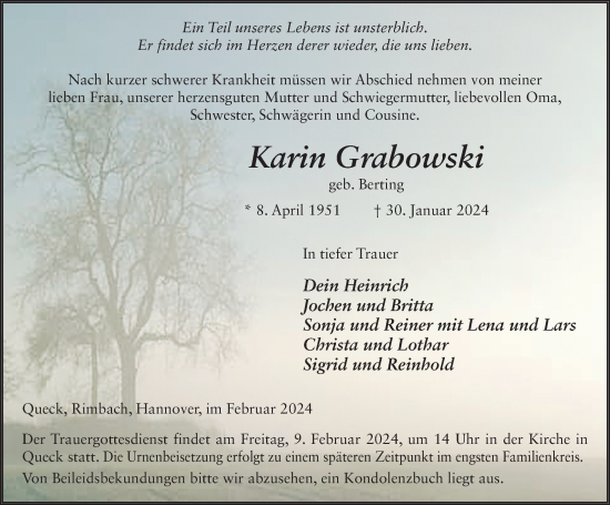 Traueranzeige von Karin Grabowski von FZ