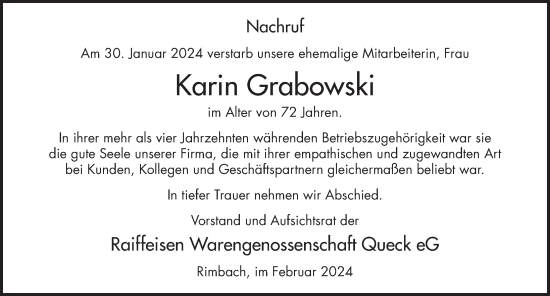 Traueranzeige von Karin Grabowski von FZ