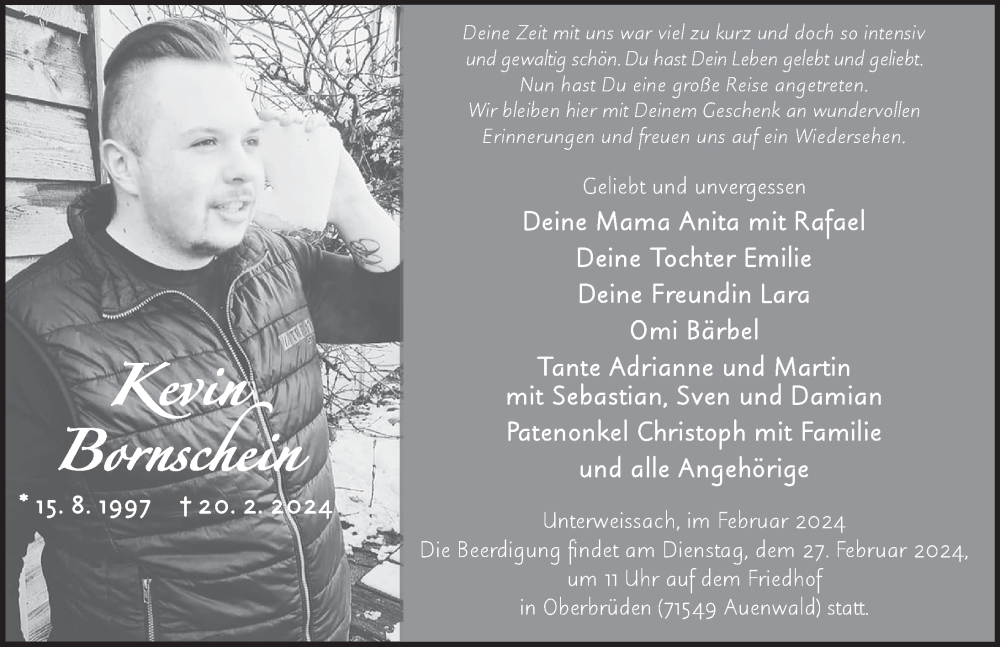  Traueranzeige für Kevin Bornschein vom 24.02.2024 aus FZ