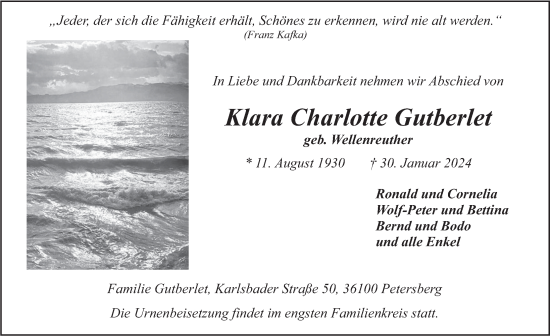 Traueranzeige von Klara Charlotte Gutberlet von FZ