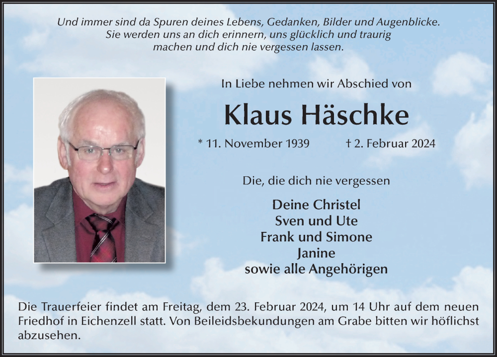  Traueranzeige für Klaus Häschke vom 17.02.2024 aus FZ