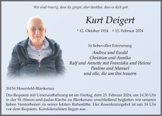 Traueranzeige von Kurt Deigert von FZ