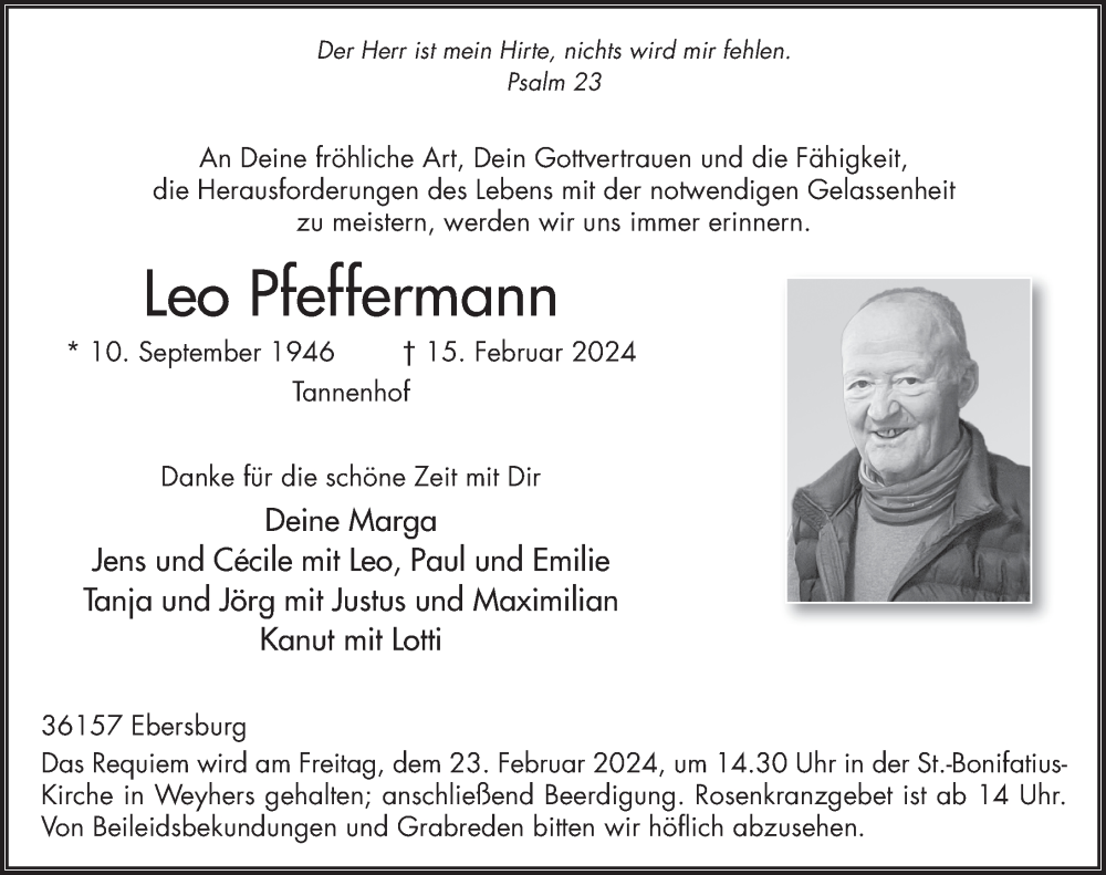  Traueranzeige für Leo Pfeffermann vom 21.02.2024 aus FZ