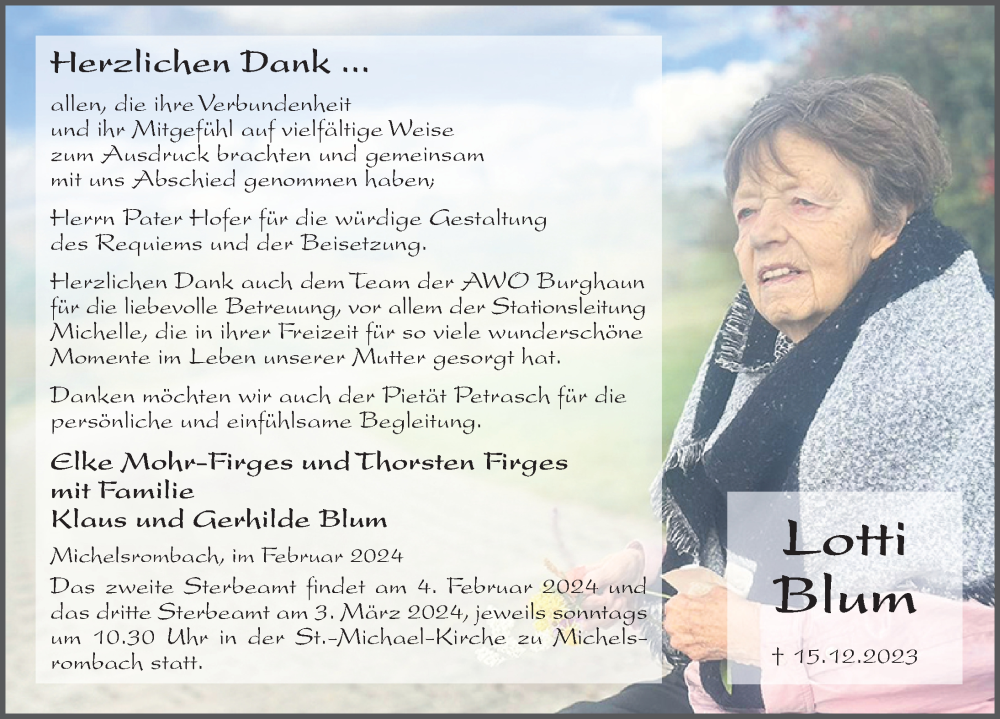  Traueranzeige für Lieselotte Blum vom 01.02.2024 aus FZ