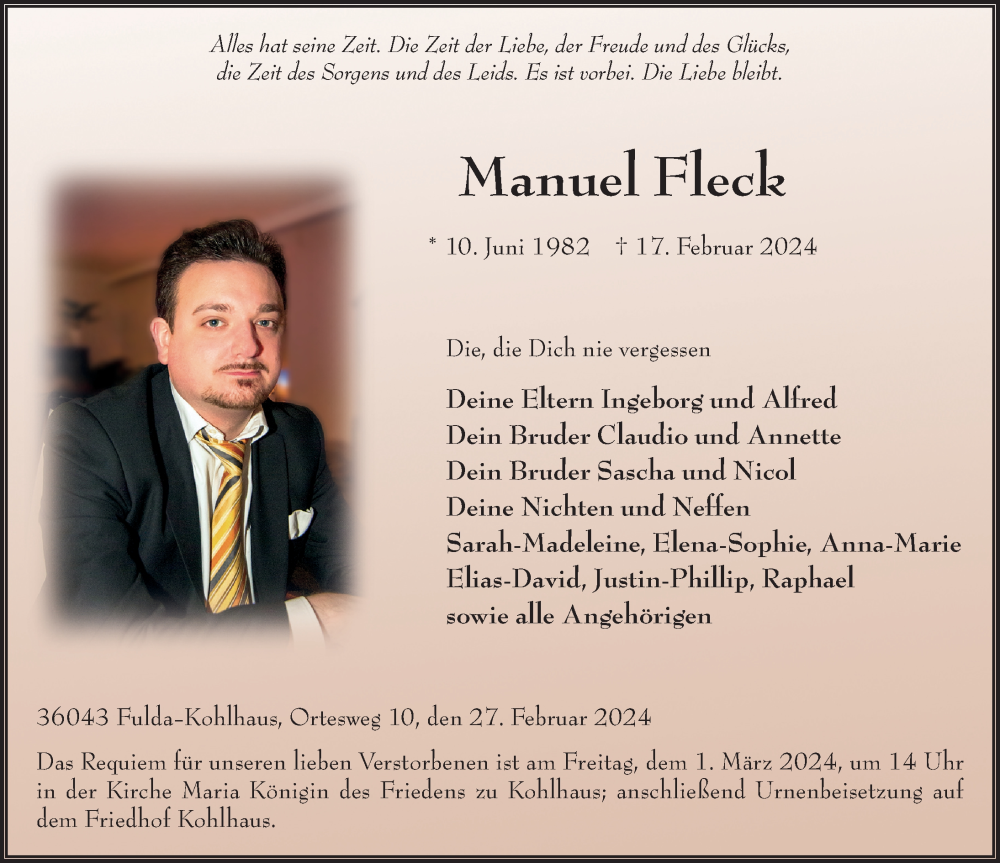  Traueranzeige für Manuel Fleck vom 27.02.2024 aus FZ