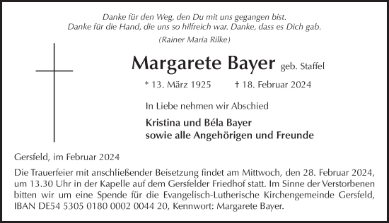 Traueranzeige von Margarete Bayer von FZ