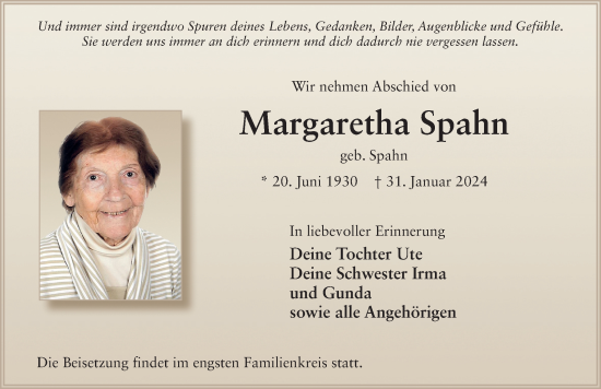 Traueranzeige von Margaretha Spahn von FZ