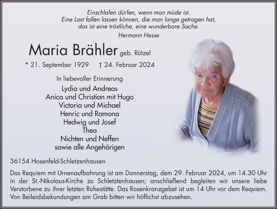 Traueranzeige von Maria Brähler von FZ