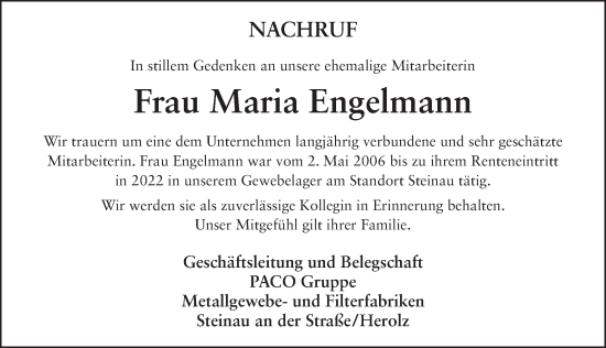 Traueranzeige von Maria Engelmann von FZ