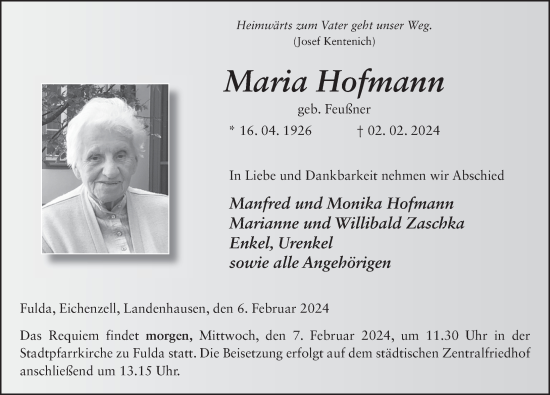Traueranzeige von Maria Hofmann von FZ