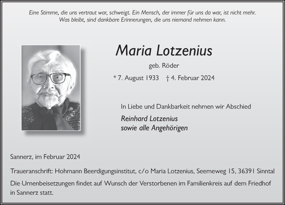  Traueranzeige für Maria Lotzenius vom 10.02.2024 aus FZ