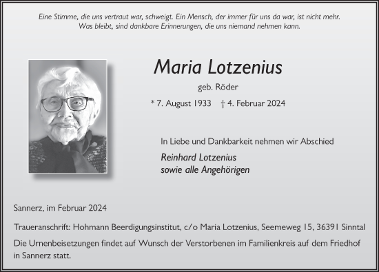 Traueranzeige von Maria Lotzenius von FZ