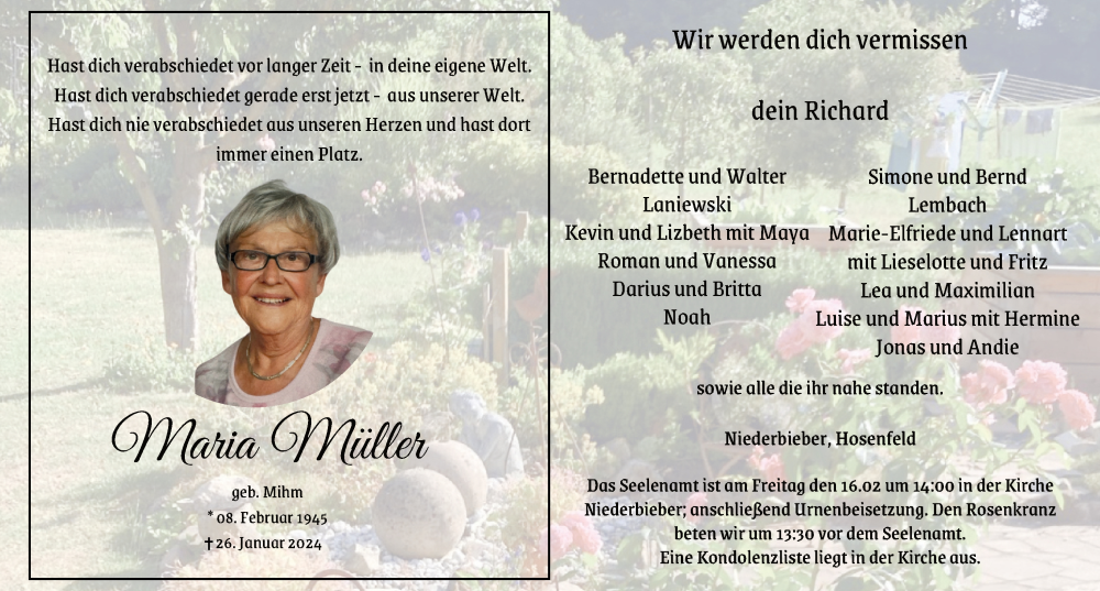 Traueranzeige für Maria Müller vom 12.02.2024 aus FZ