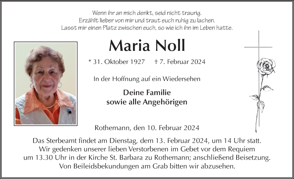  Traueranzeige für Maria Noll vom 10.02.2024 aus FZ