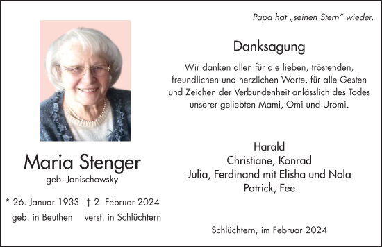 Traueranzeige von Maria Stenger von FZ