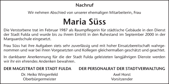 Traueranzeige von Maria Süss von FZ