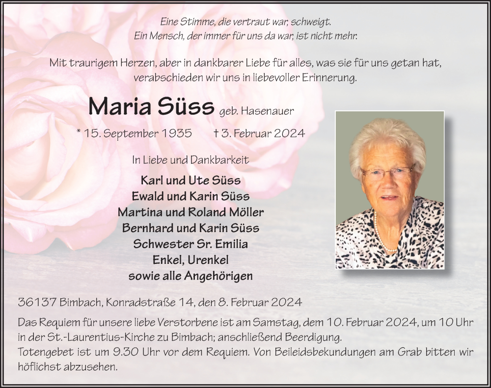 Traueranzeige für Maria Süss vom 08.02.2024 aus FZ
