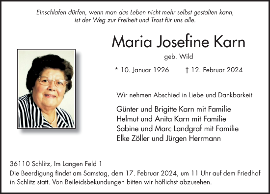 Traueranzeige von Maria Josefine Karn von FZ