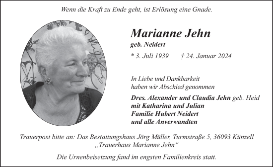 Traueranzeige von Marianne Jehn von FZ