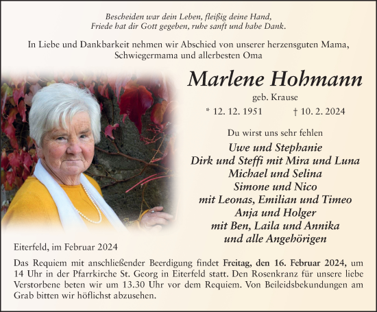 Traueranzeige von Marlene Hohmann von FZ