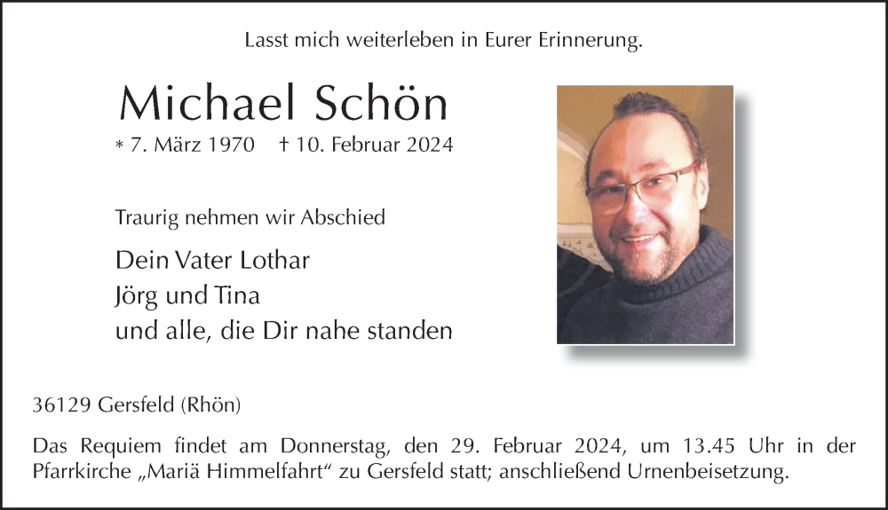  Traueranzeige für Michael Schön vom 27.02.2024 aus FZ