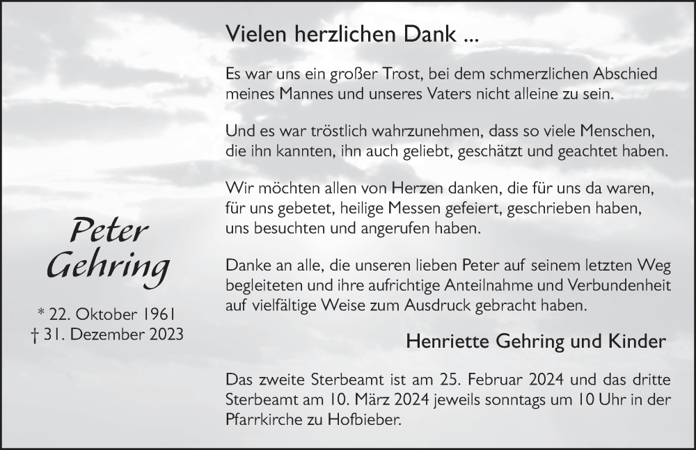  Traueranzeige für Peter Gehring vom 19.02.2024 aus FZ