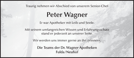Traueranzeige von Peter Wagner von FZ