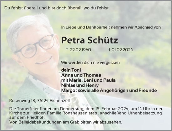 Traueranzeige von Petra Schütz von FZ