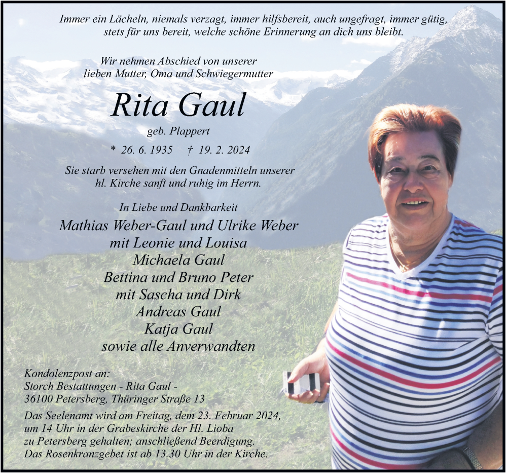  Traueranzeige für Rita Gaul vom 22.02.2024 aus FZ
