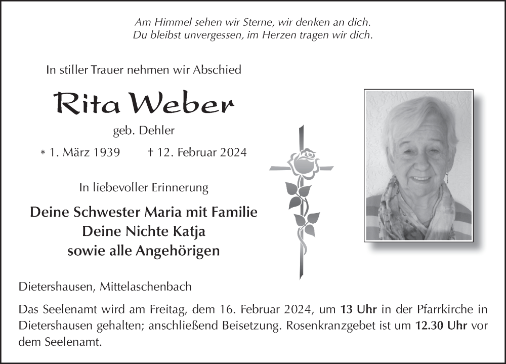  Traueranzeige für Rita Weber vom 14.02.2024 aus FZ