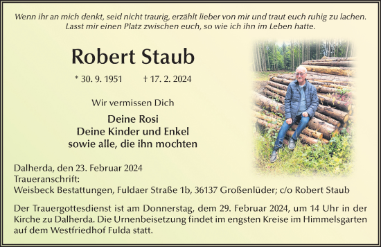 Traueranzeige von Robert Staub von FZ